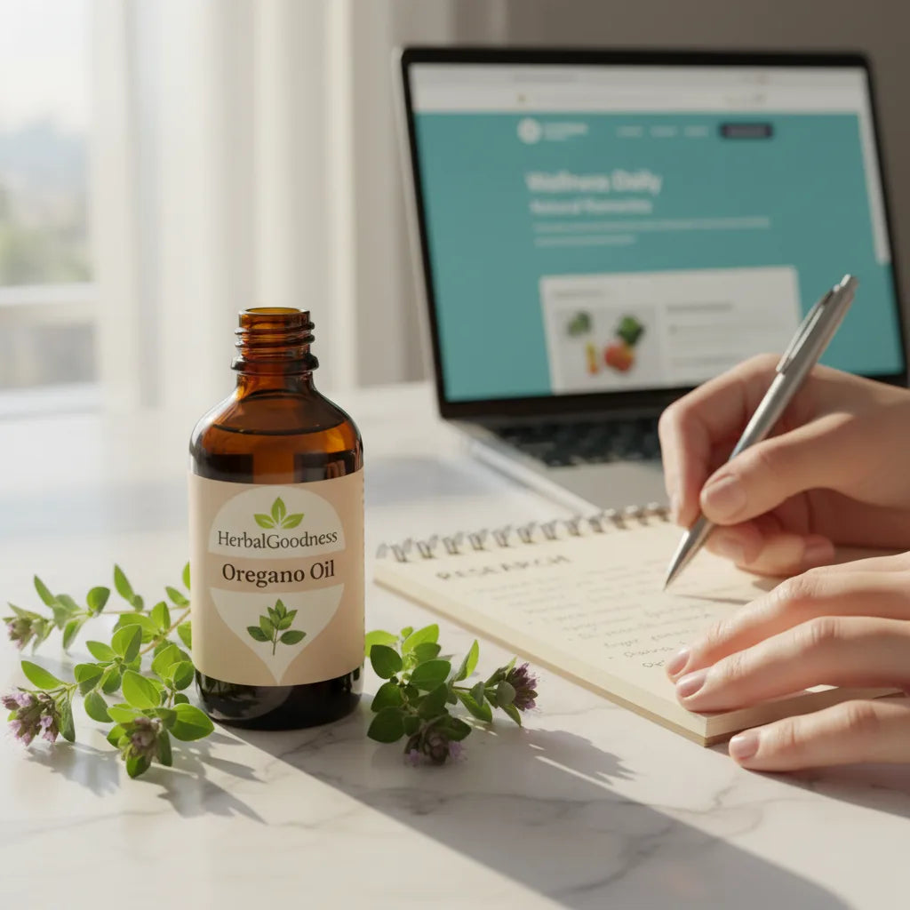 Oregano oil bottle with research materials nearby