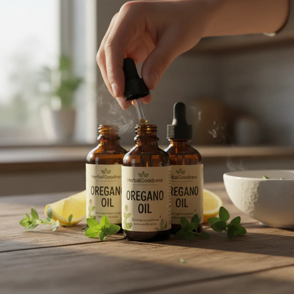 Oregano oil bottles with herbs and sunlight