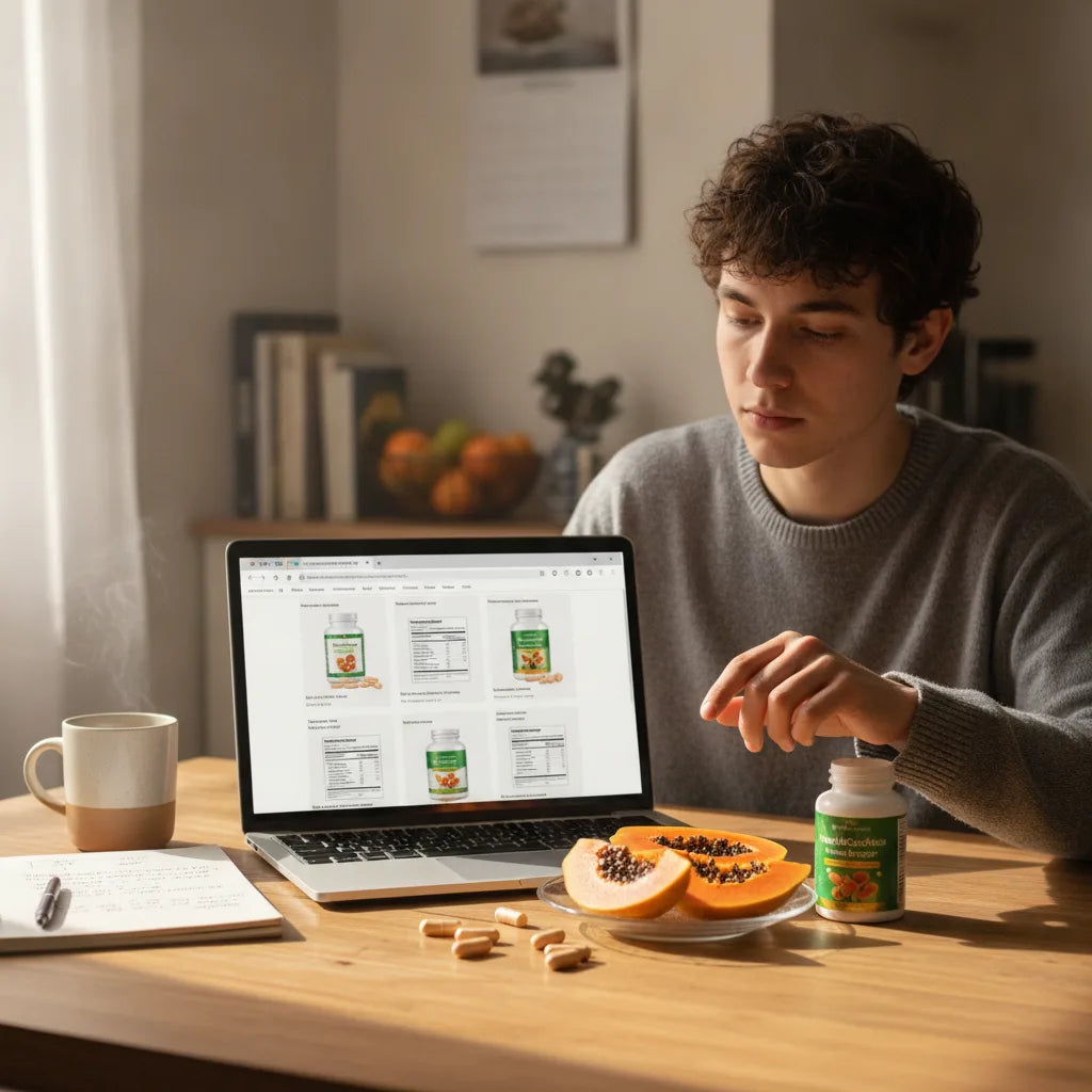 Person choosing papaya capsules, laptop comparison open