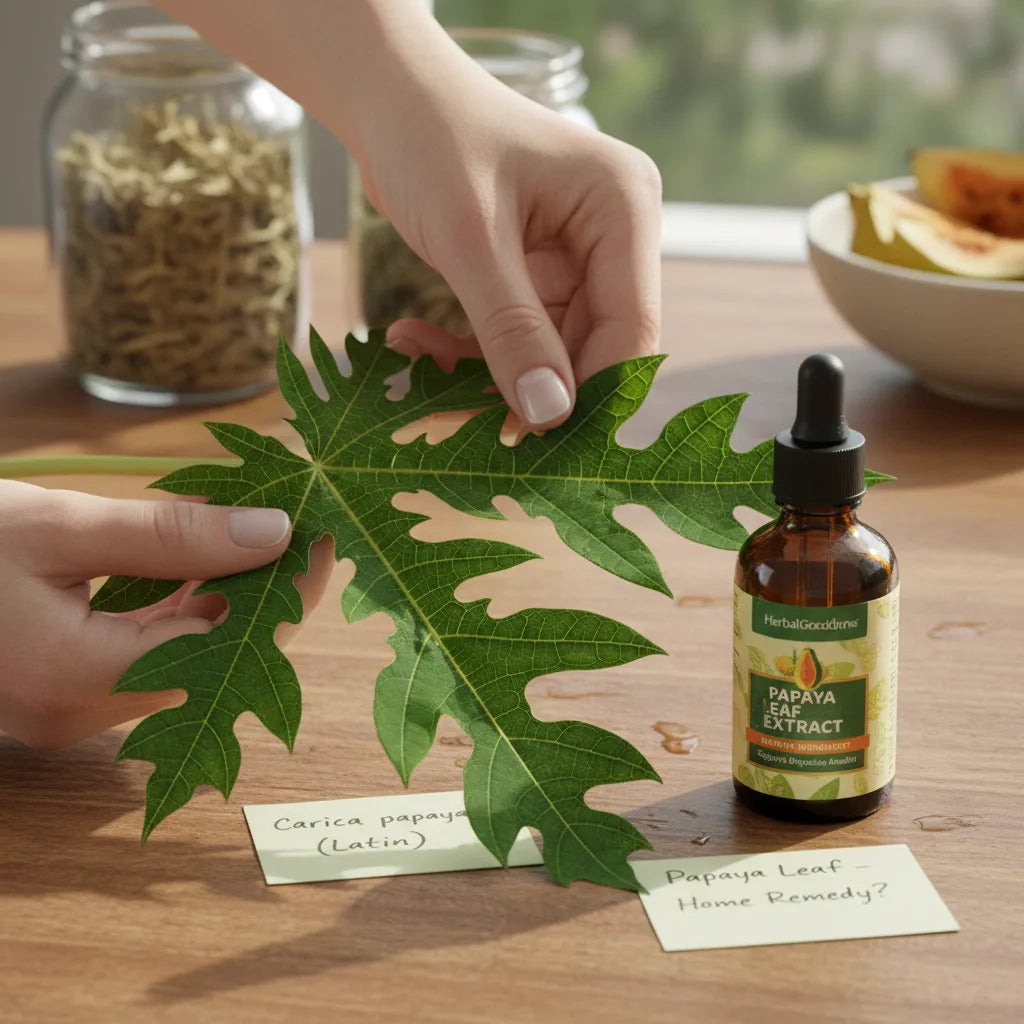 Hands study papaya leaf and supplement bottle