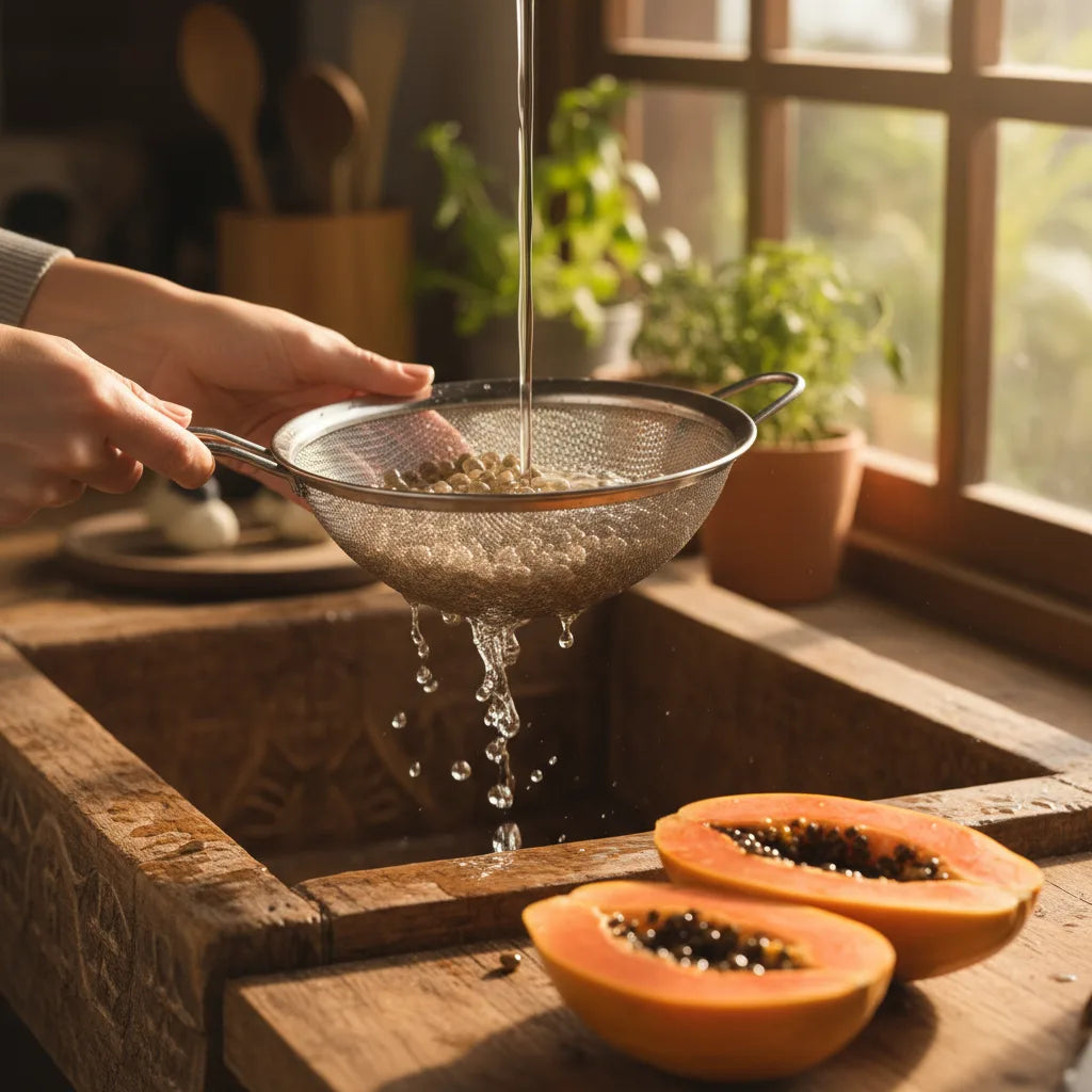 Fresh papaya seeds rinsed in strainer