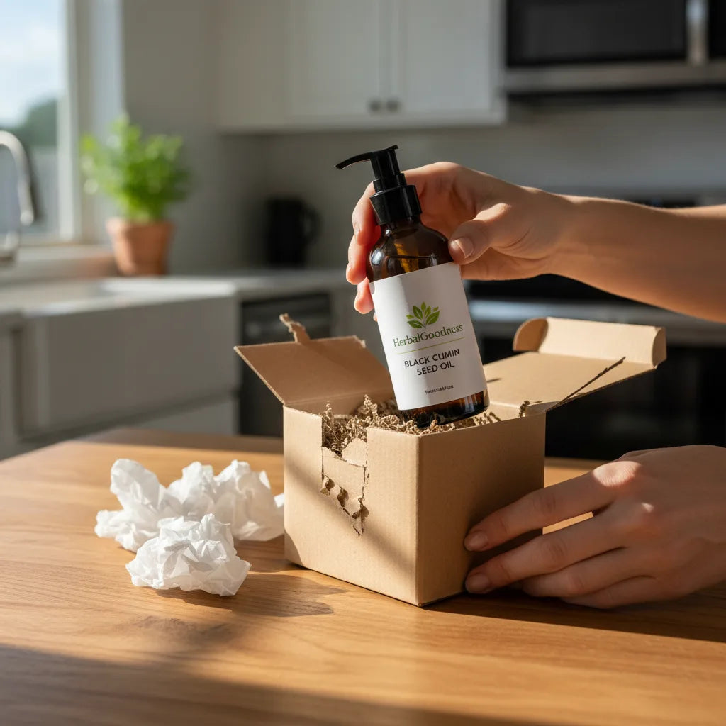 Unboxing HerbalGoodness black cumin seed oil.