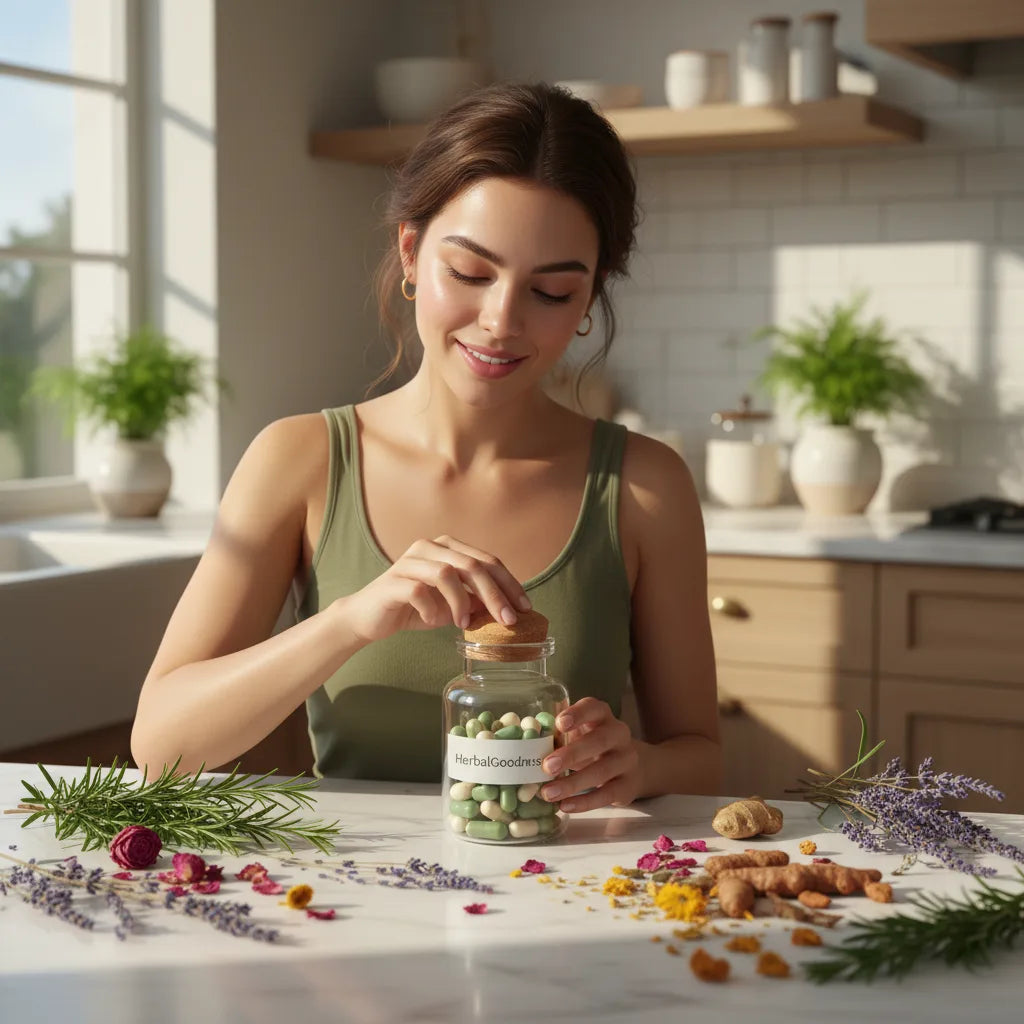 Woman opens plant supplement jar in kitchen