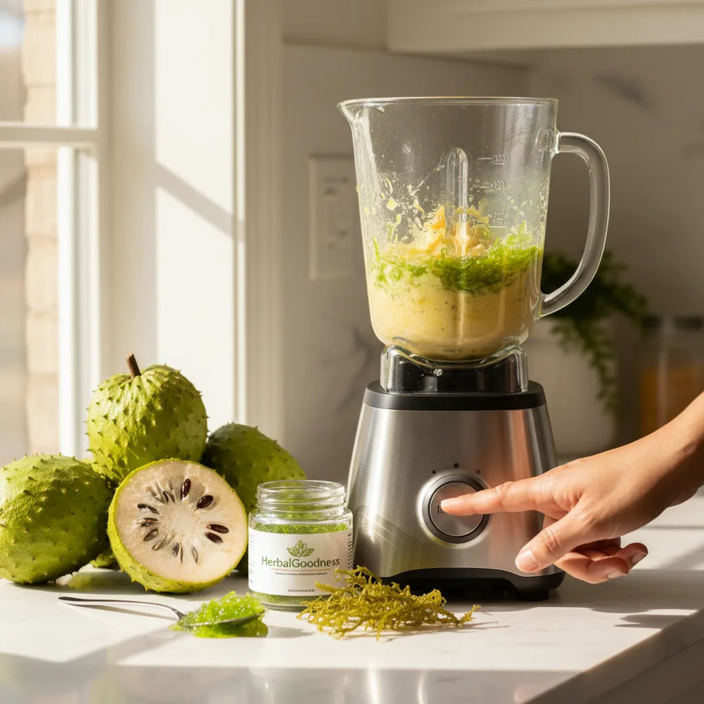 Blending sea moss and soursop in kitchen