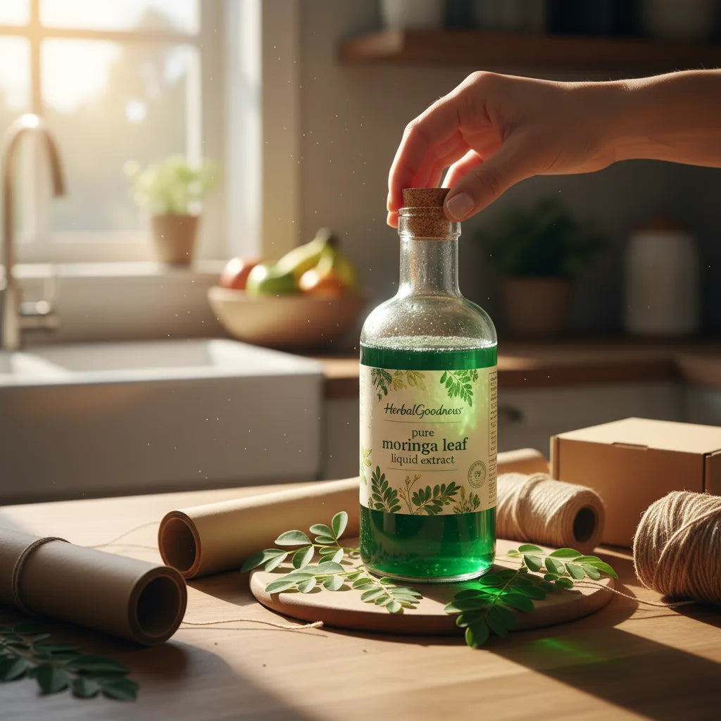 Pouring moringa extract from fresh kitchen bottle