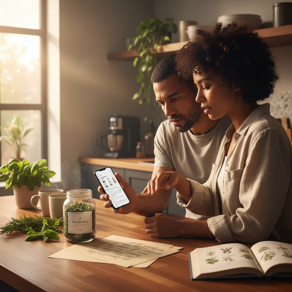 Couple examining herbal supplement jar together