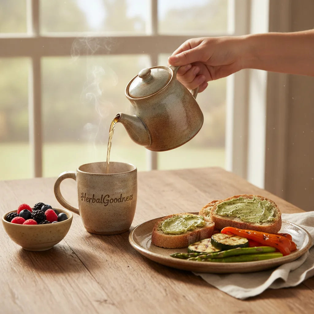 Pouring mullein tea with rustic meal pairing