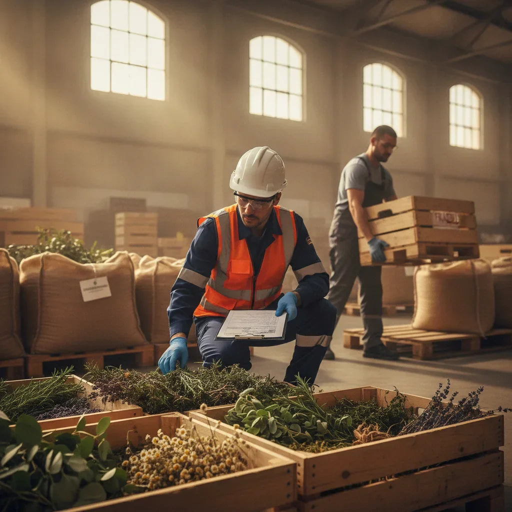 Customs officer inspects bulk herbal ingredient shipment