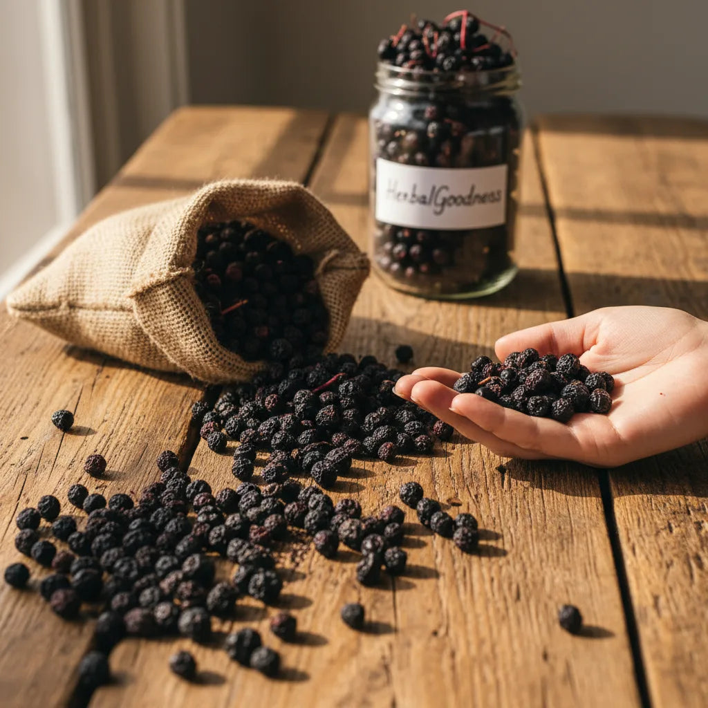 Hand inspecting loose dried elderberries quality