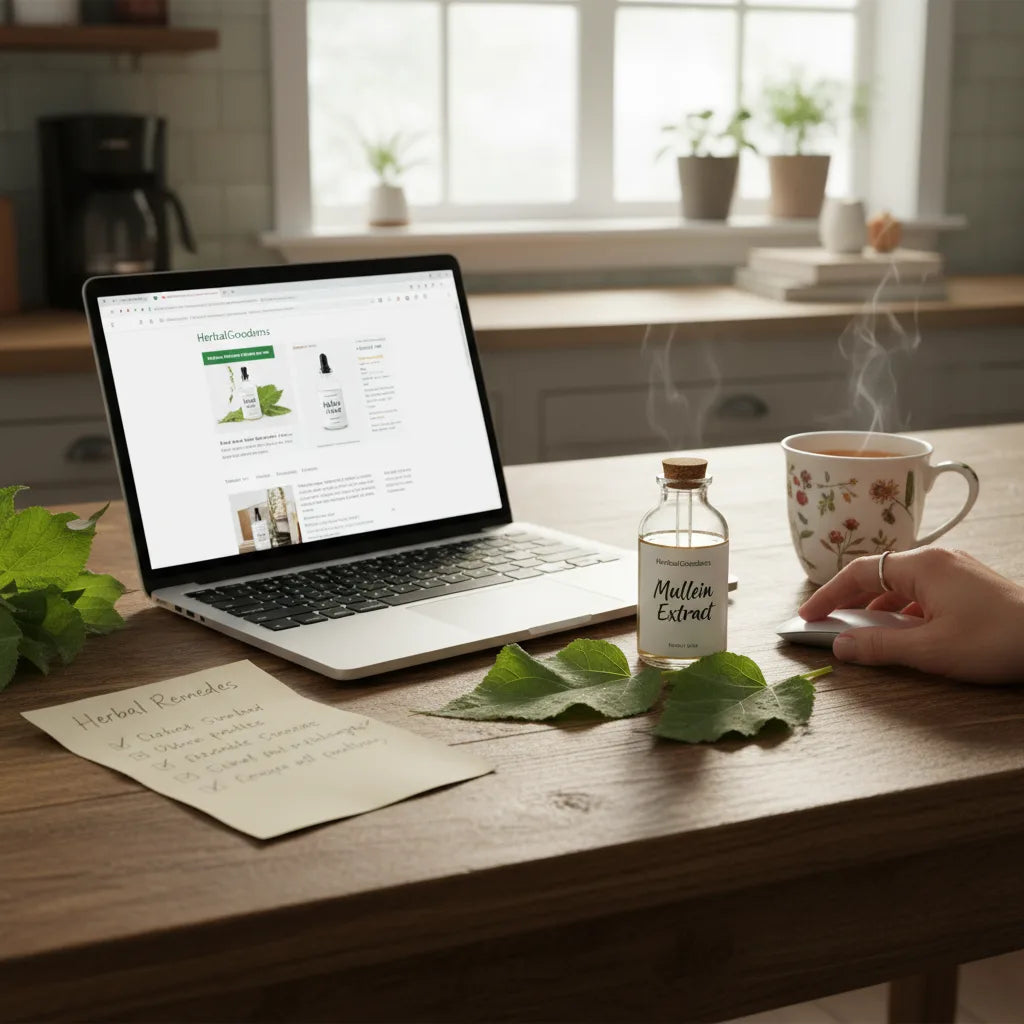 Researching mullein extract listing in kitchen