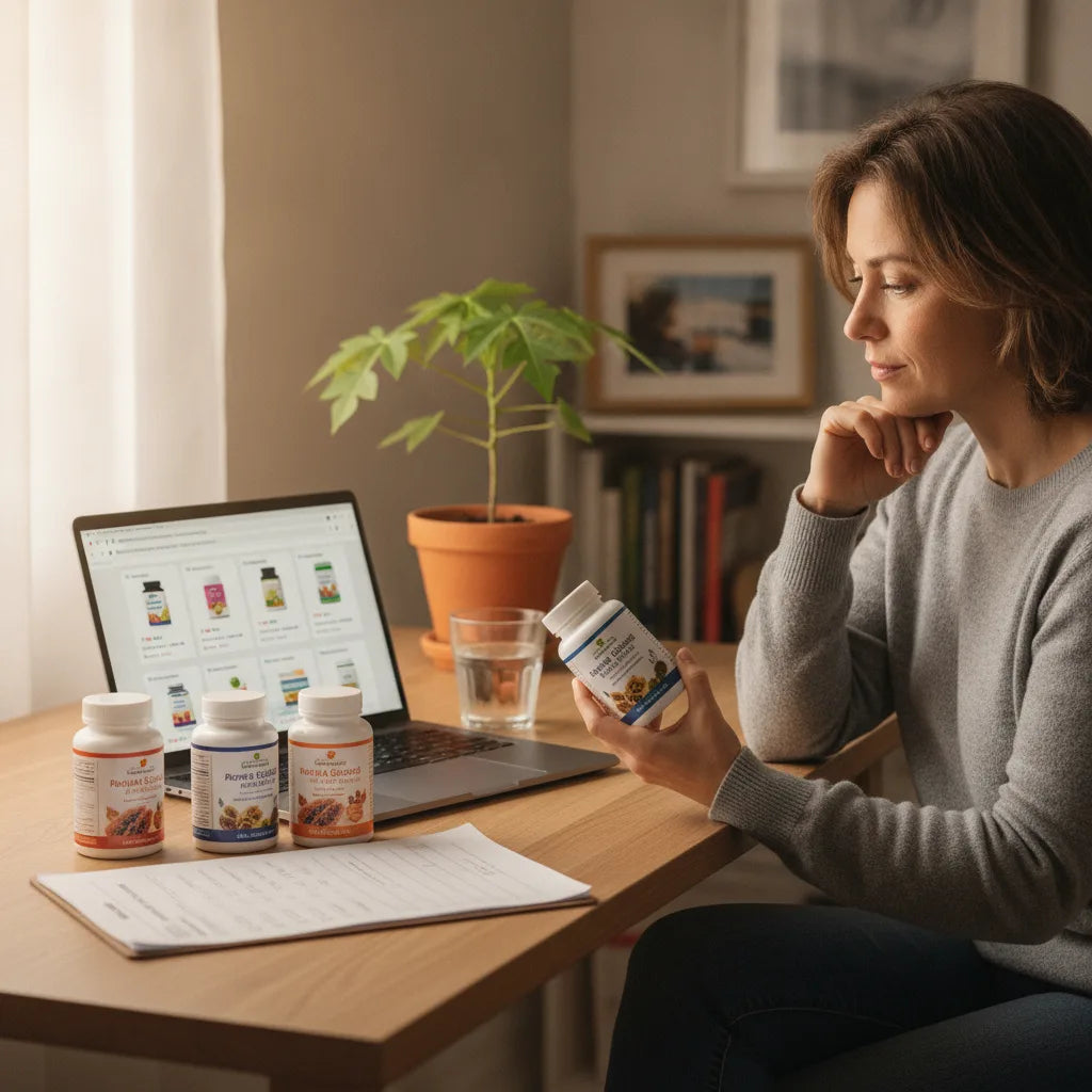 Person comparing papaya capsule listings online