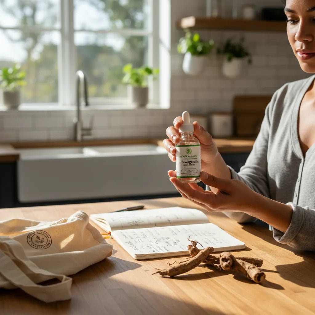 Examining organic ashwagandha extract in kitchen