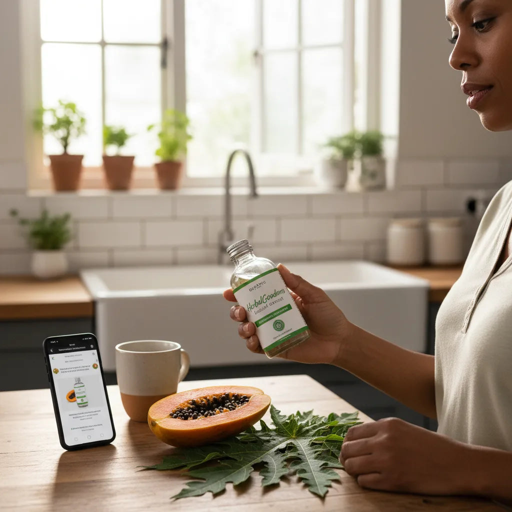 Examining HerbalGoodness papaya leaf extract bottle