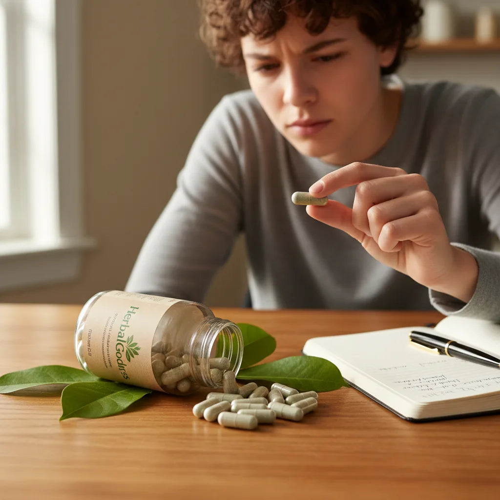 Hand examining HerbalGoodness graviola capsules closely