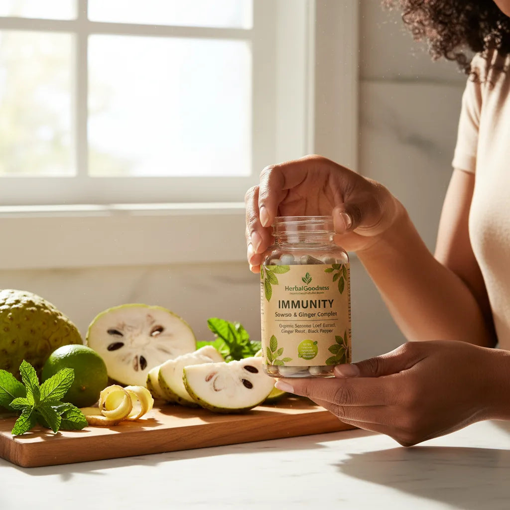 Hands examining HerbalGoodness soursop capsules bottle