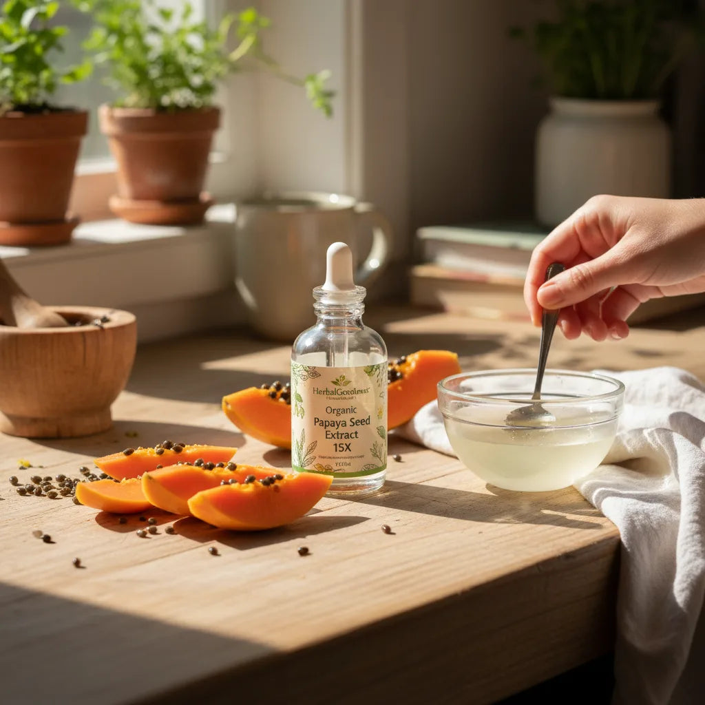 Home kitchen papaya extract bottle dilution scene