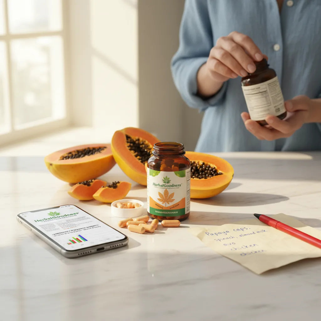 Papaya capsules reviewed beside fruit and phone
