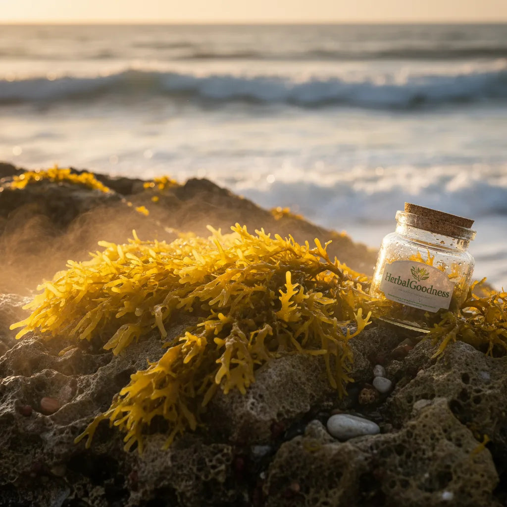 Golden sea moss on rocky shore