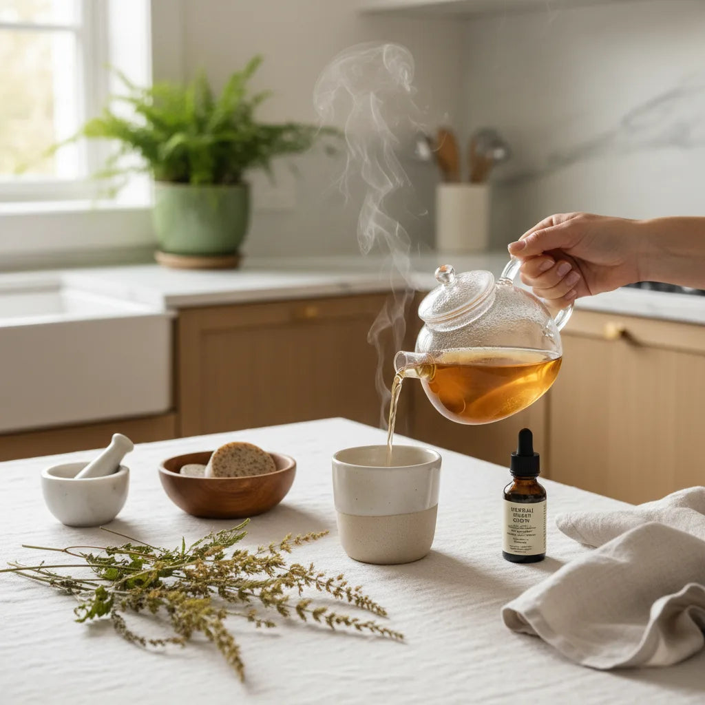 Herbal tea ritual with silica-rich herbs.