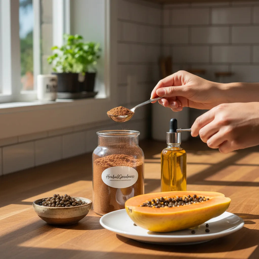 Papaya seed products and cooking in kitchen