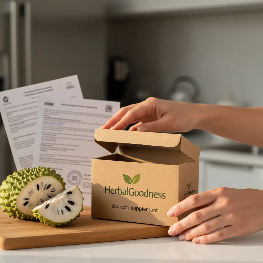 Hands opening HerbalGoodness soursop supplements box