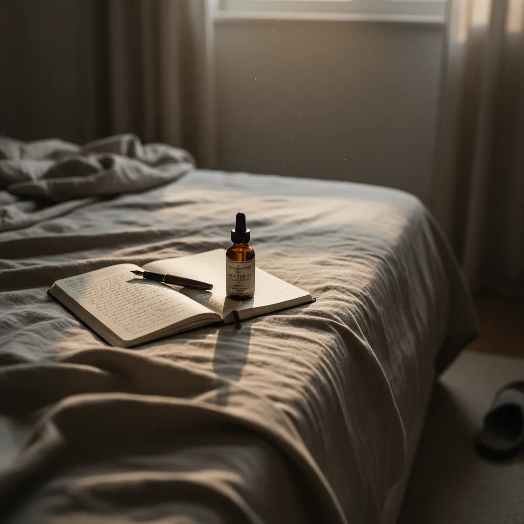 Open journal and black seed oil bottle