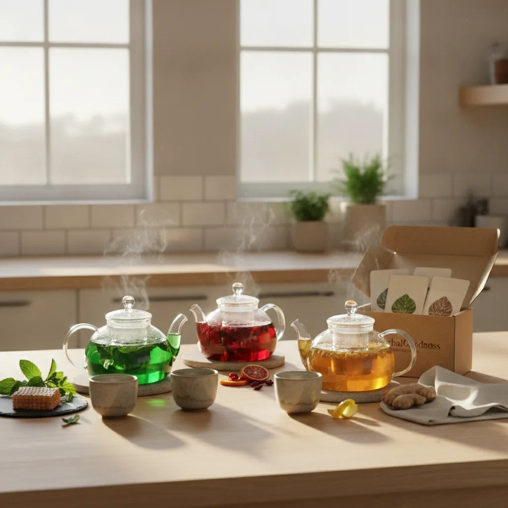 Trio of herbal teas in natural kitchen