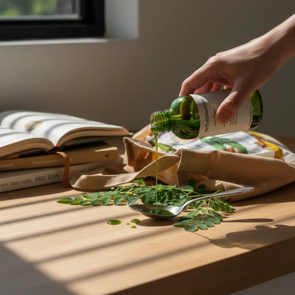 Pouring HerbalGoodness moringa extract in kitchen