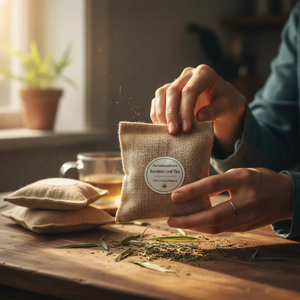 Person examining bamboo leaf tea package closely