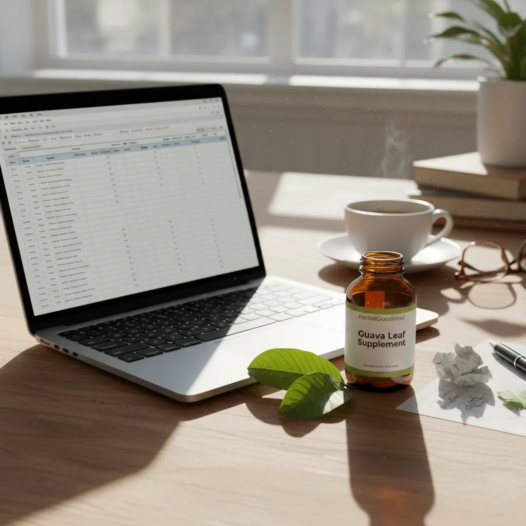 Laptop and guava supplement on sunlit table
