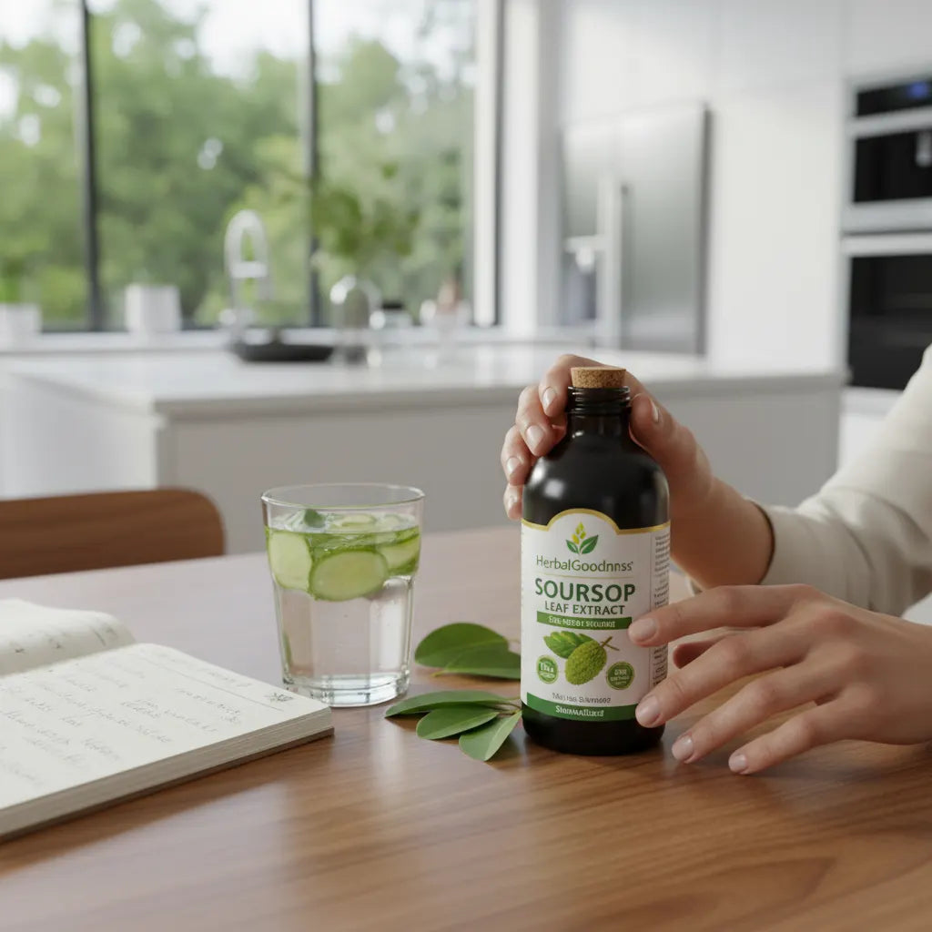 Person examining soursop extract label in kitchen