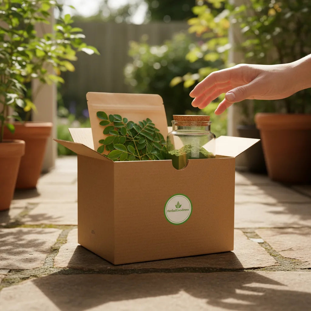 Moringa subscription box at sunlit doorstep