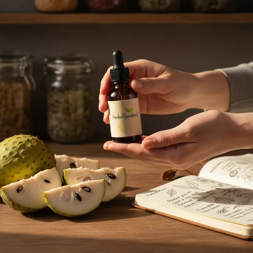 Hands examining soursop extract bottle at home