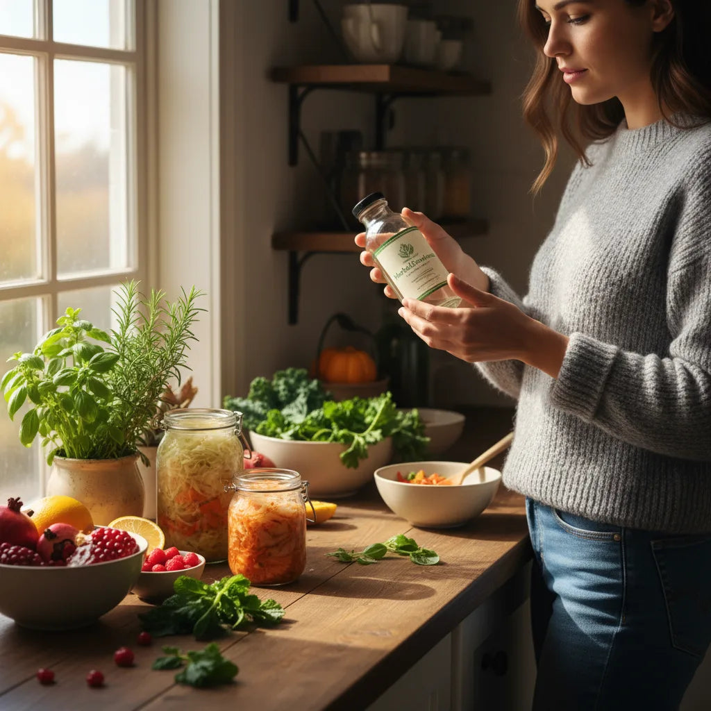 Person reading HerbalGoodness label amid fresh ingredients