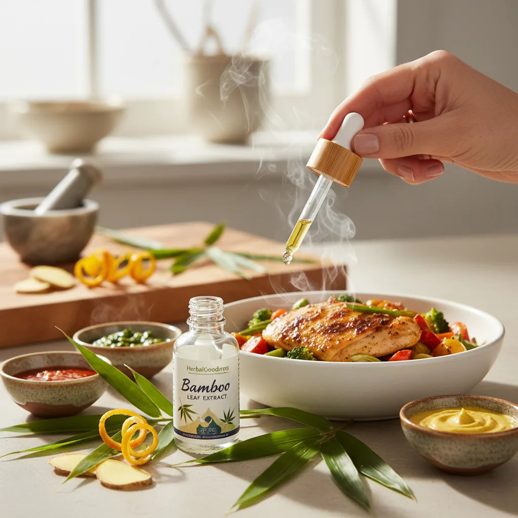 Hand uses bamboo drops in kitchen recipe