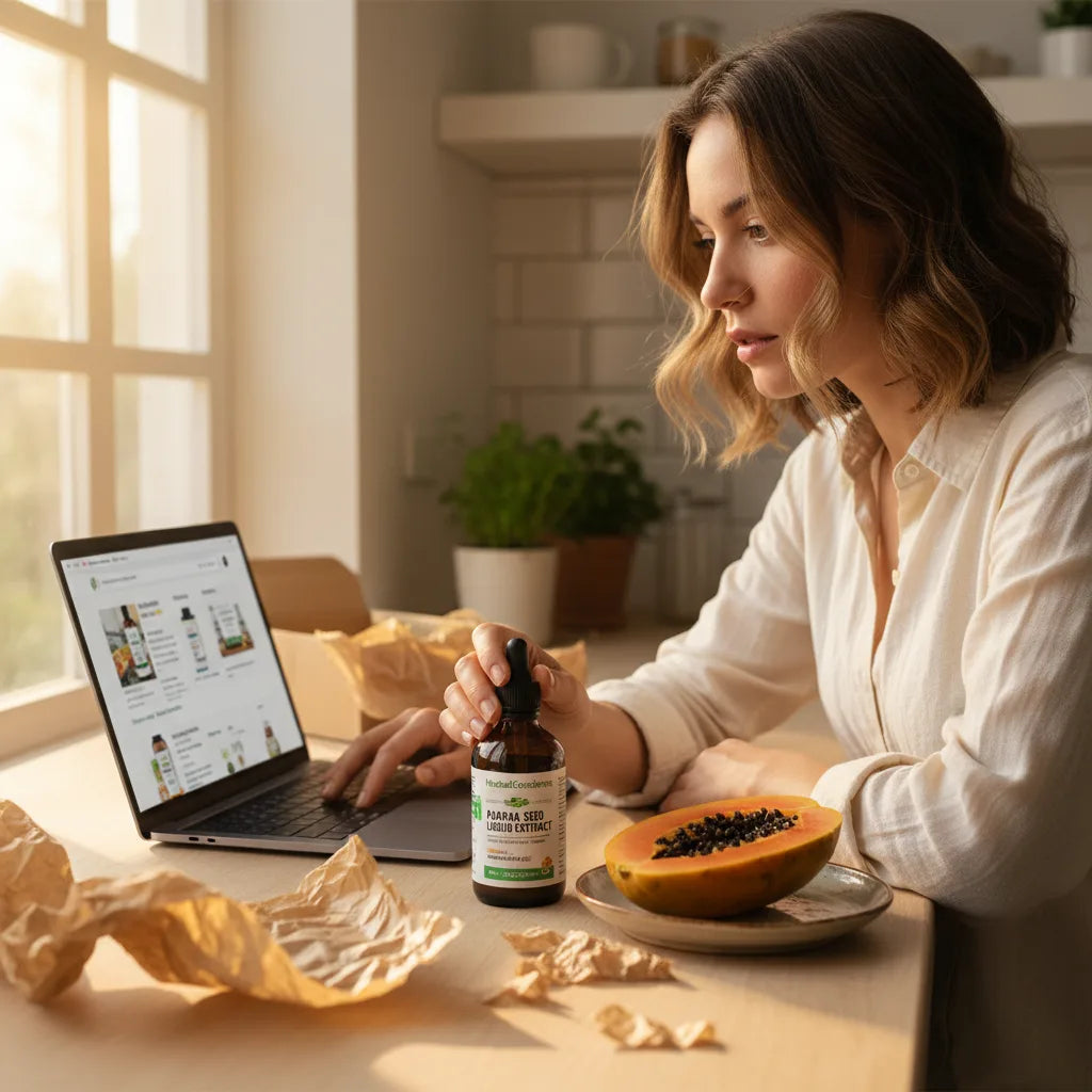 Woman researching papaya seed extract pricing online