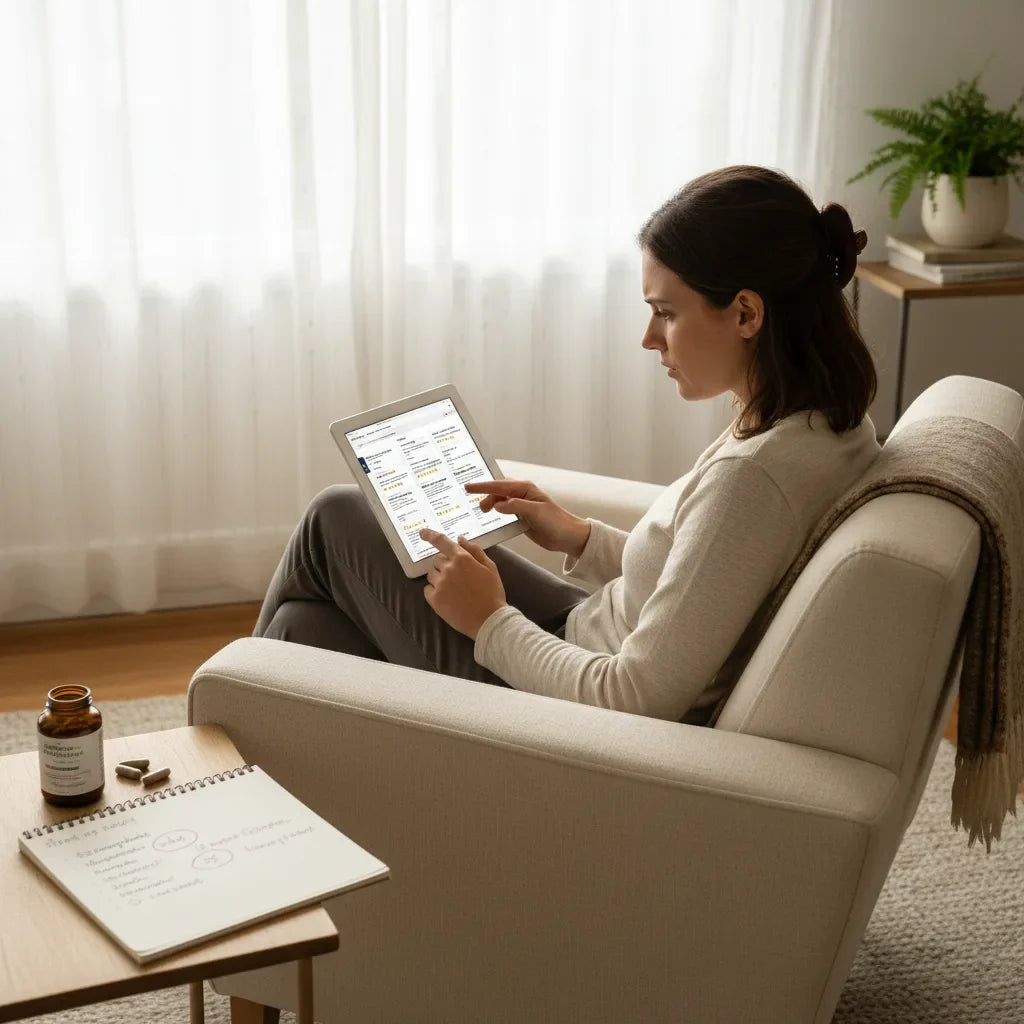 Person researching platelet boosters in living room
