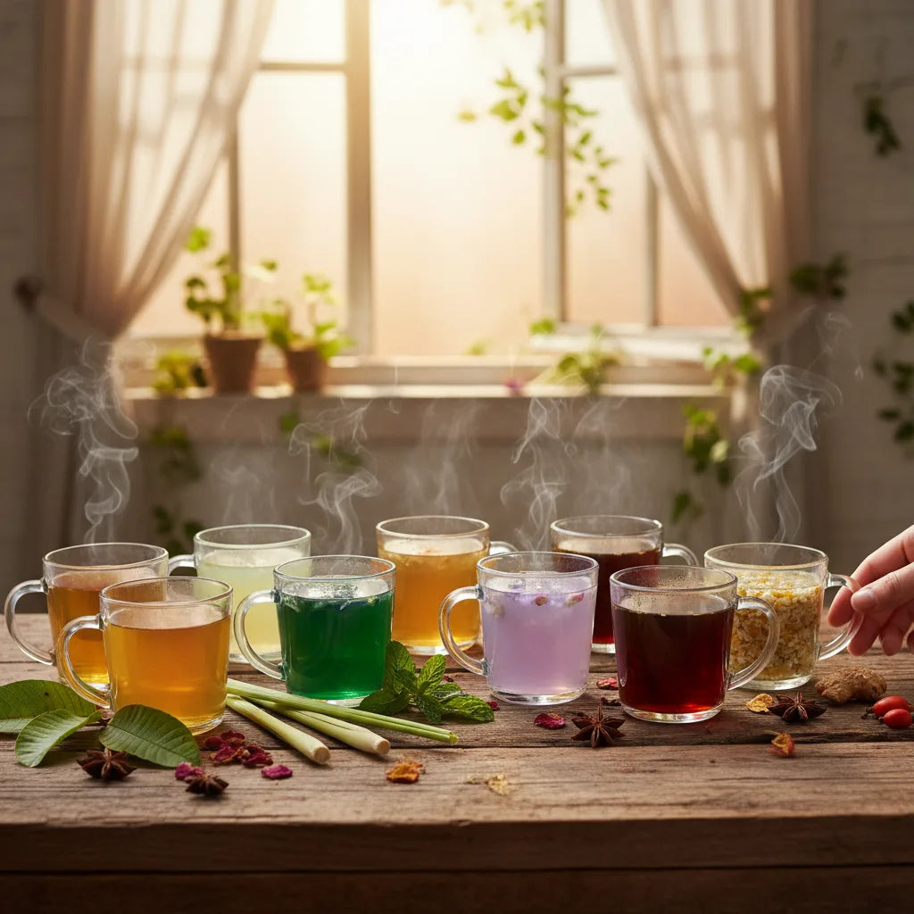 Selection of nine herbal teas on table