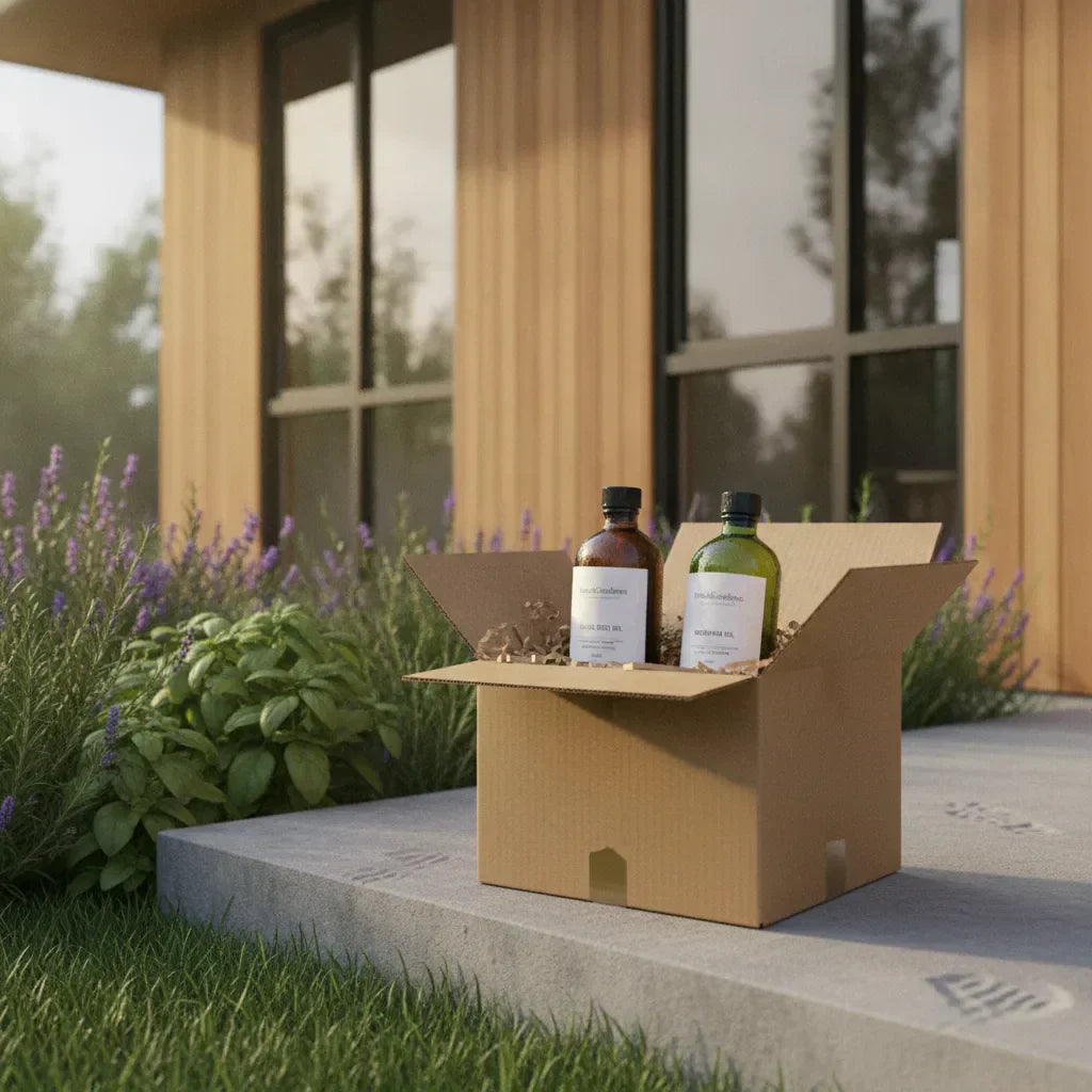 HerbalGoodness oils in eco package on doorstep