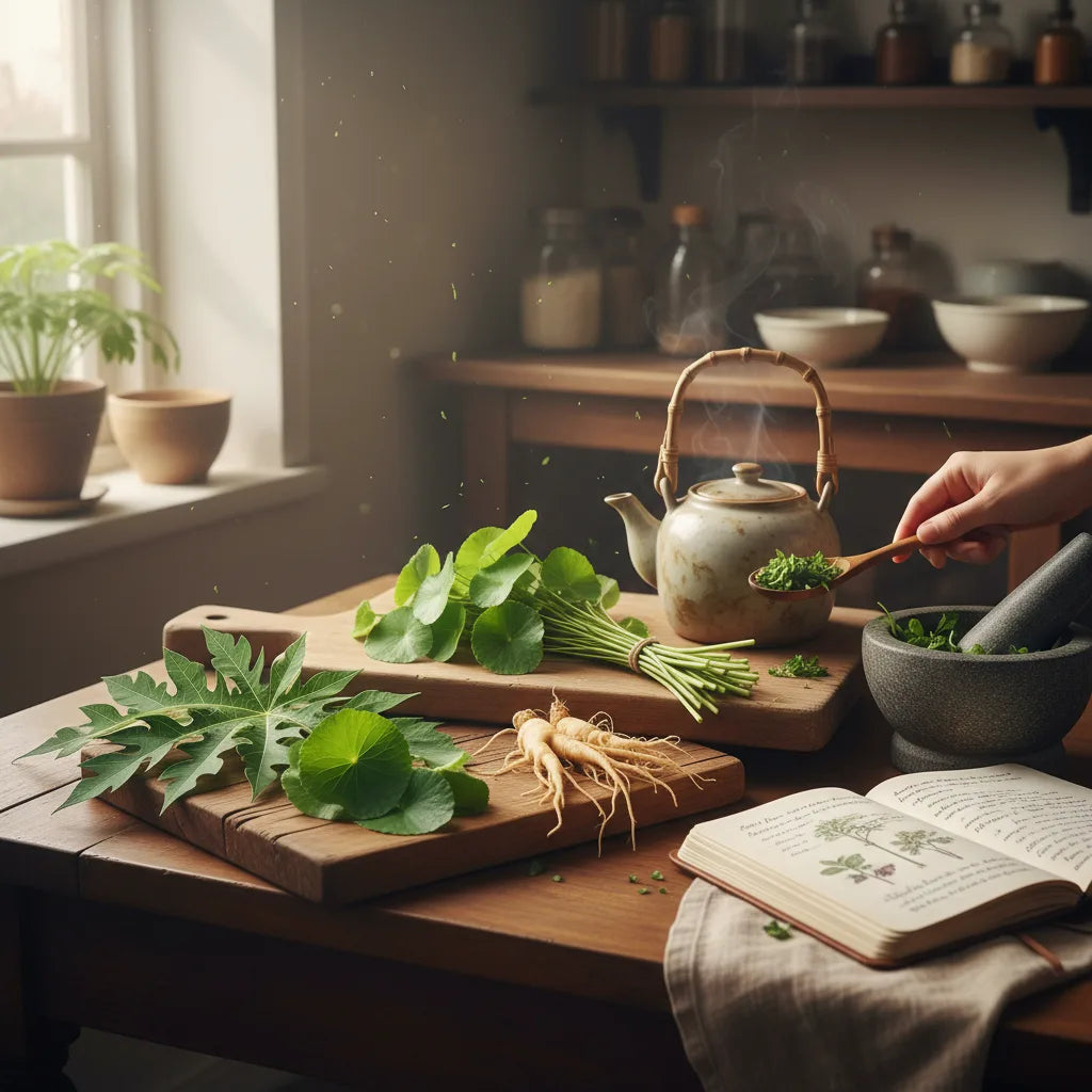 Sunlit table with global platelet-supporting herbs