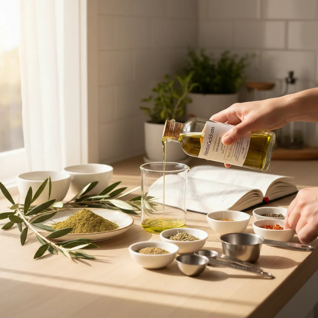 Homemade olive leaf extract measuring scene