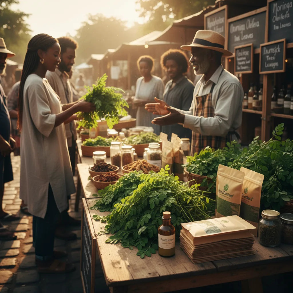 Shoppers explore moringa at local market.