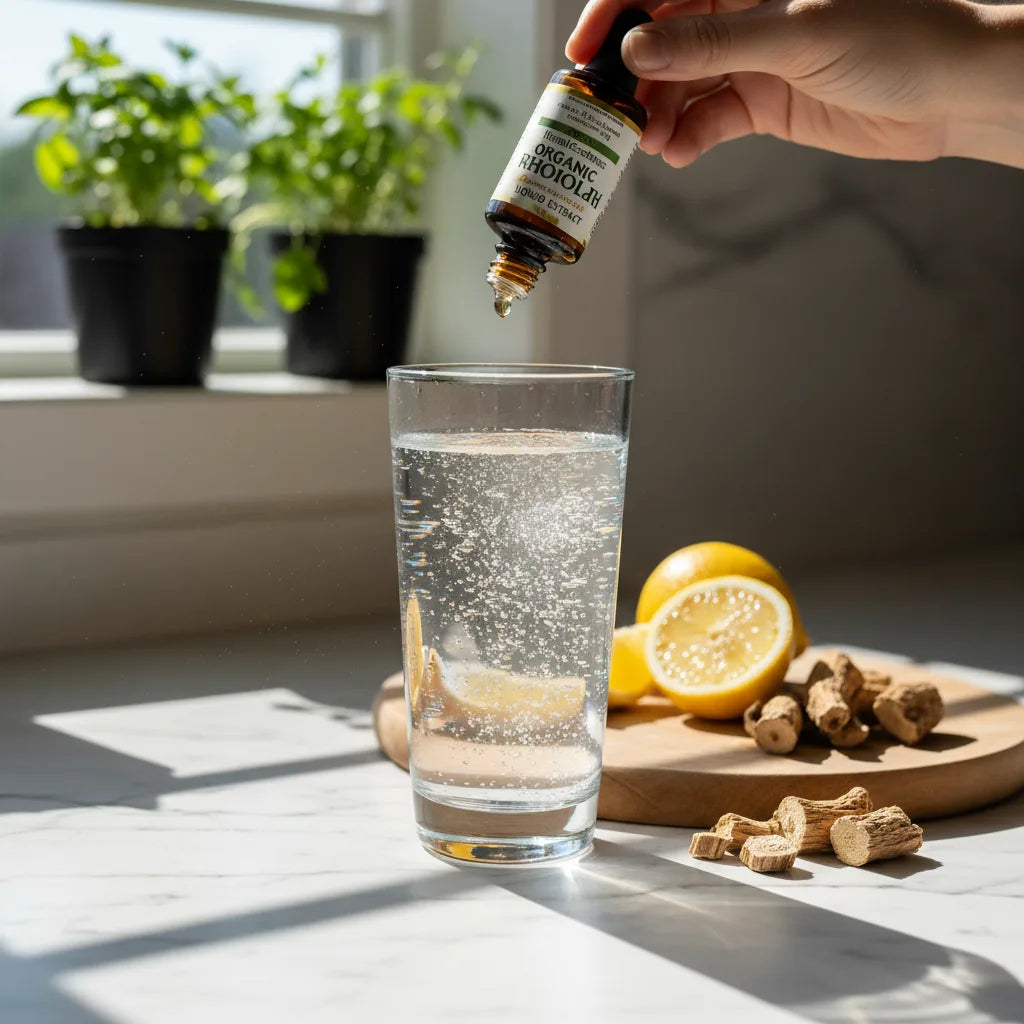 Pouring rhodiola extract into sparkling water