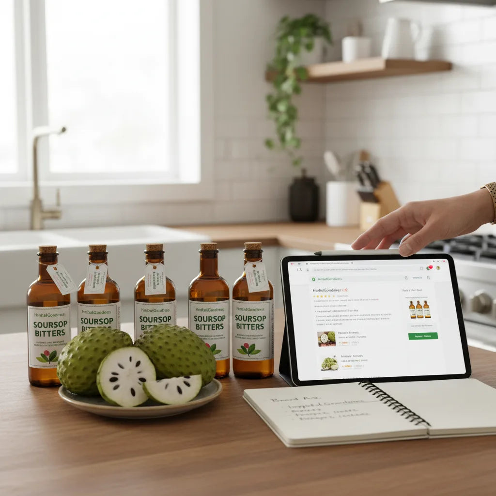 Comparing HerbalGoodness soursop bitters in kitchen