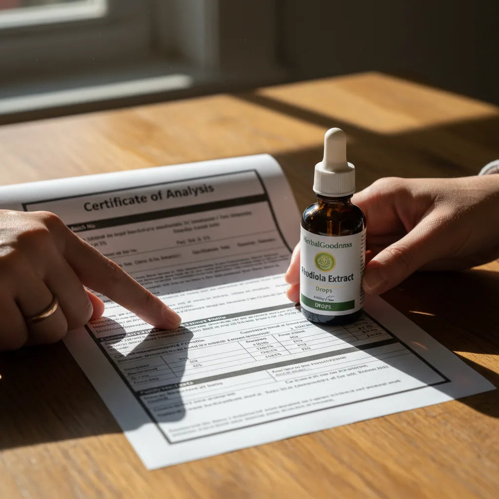 Hands reviewing rhodiola extract COA document