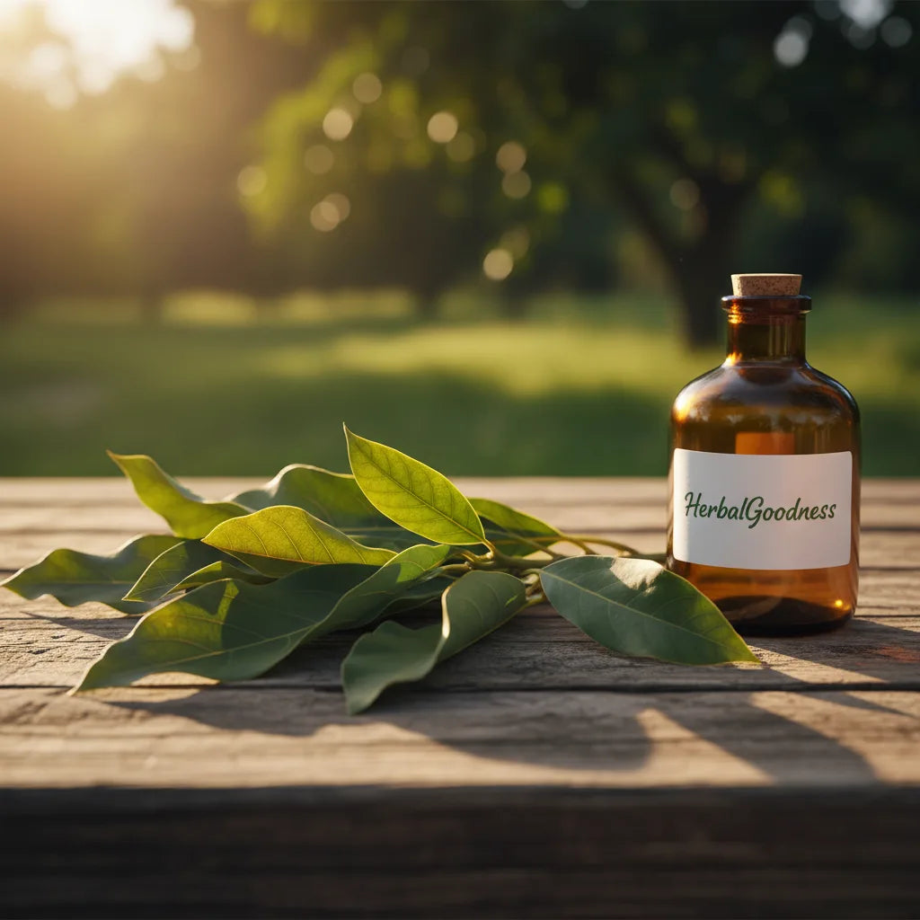 Avocado leaves and extract on table