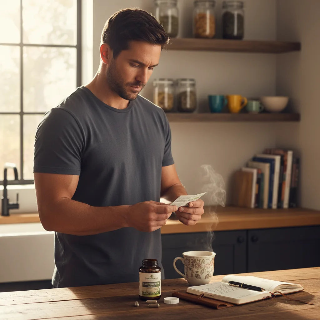 Man reading supplement info in kitchen