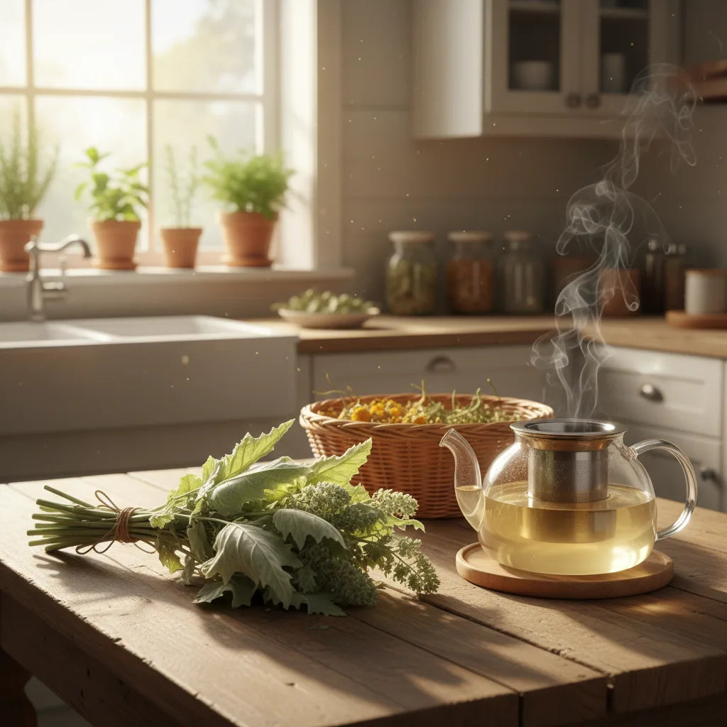 Sunlit kitchen, mullein leaves and teapot