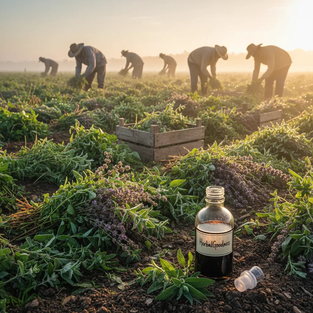 Farmers harvesting herbs for extract production