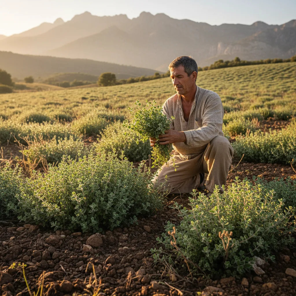 Farmer inspects oregano in sunlit field